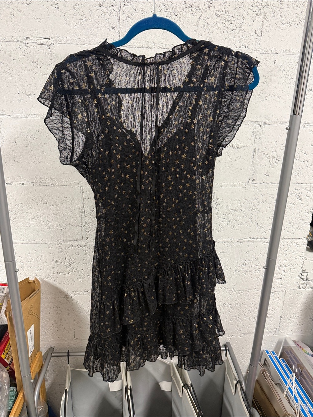 Lost & Wander - Sheer Black Star-Print Ruffle Mini Dress - Size Small